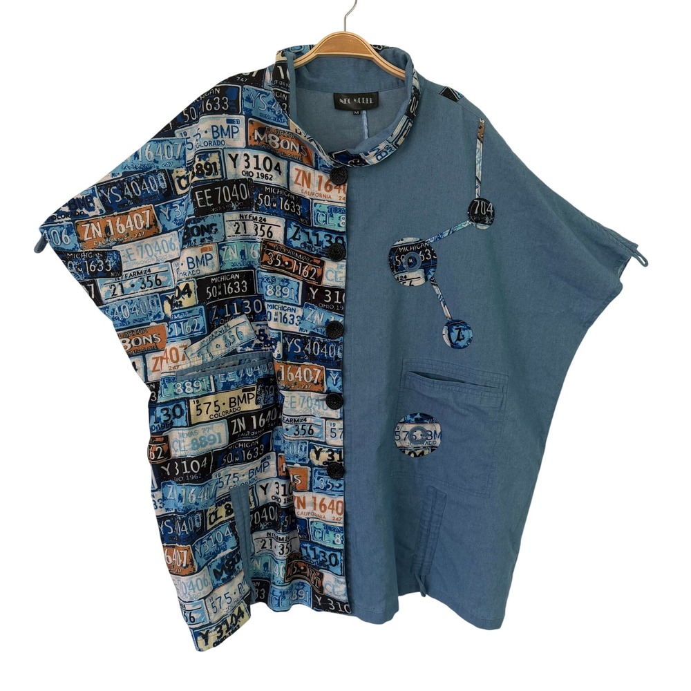 Neo Noble License Plate Print Oversized Button Down Shirt Blue Women Medium